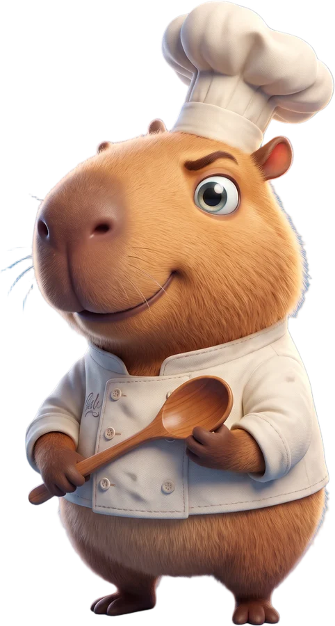 Gus, a chubby 3D animated capybara chef holding a wooden spoon