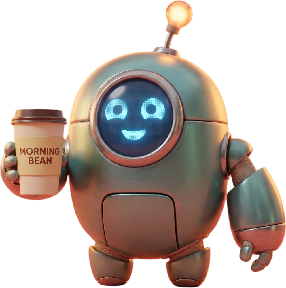 Bolt, a 3D animated robot, smiling and holding up a coffee cup like an advert
