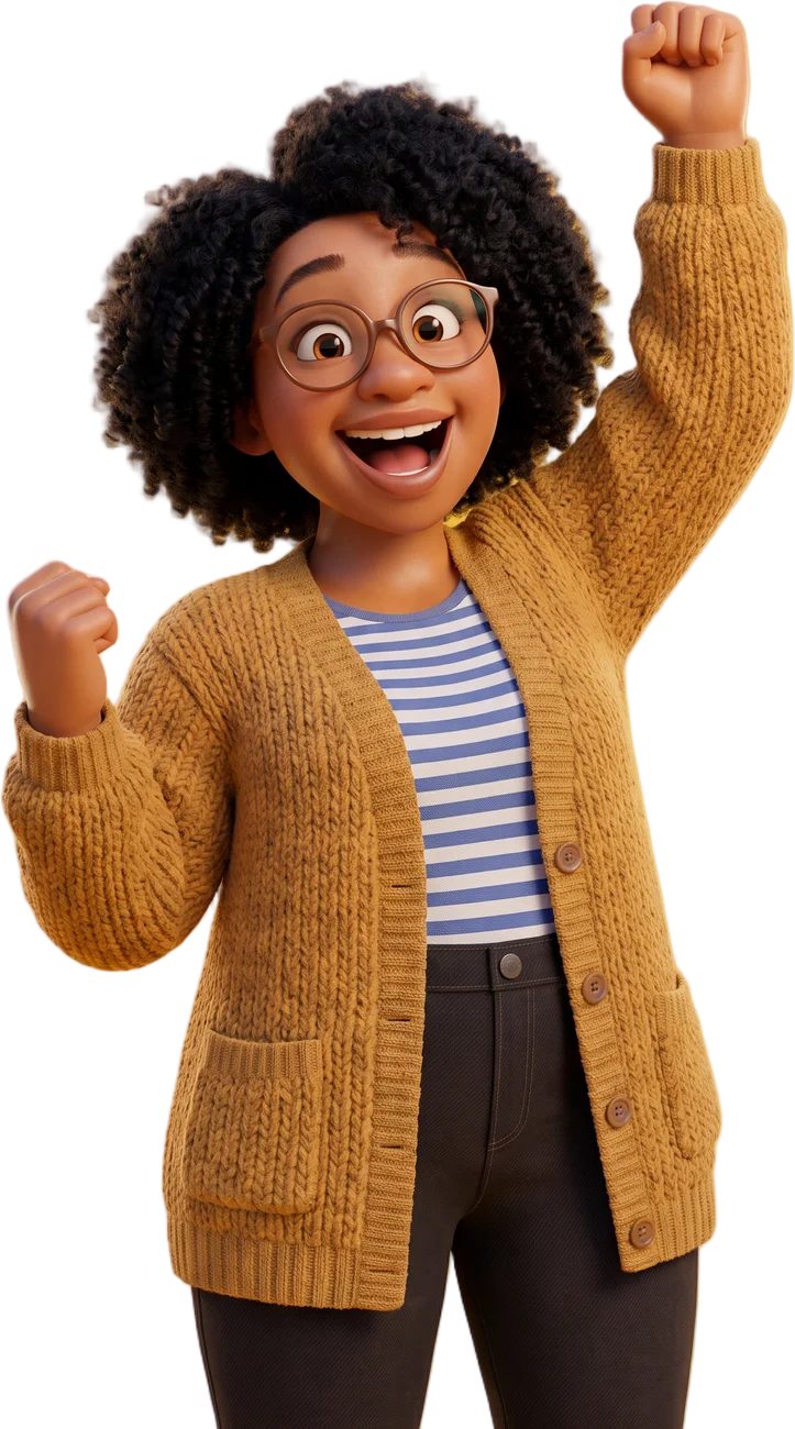 Rae, a 3D animated character with a curly afro, round glasses and a mustard cardigan, cheering with both fists up