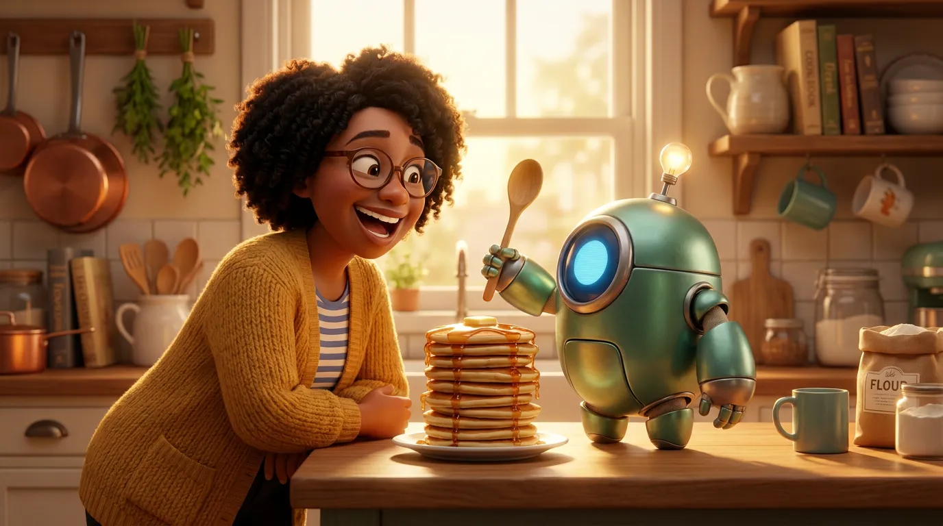 Rae laughs as Bolt proudly shows off a tall stack of pancakes