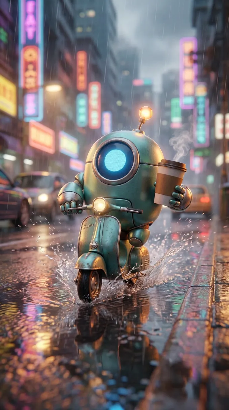 Bolt delivers coffee on a scooter through a rainy neon street